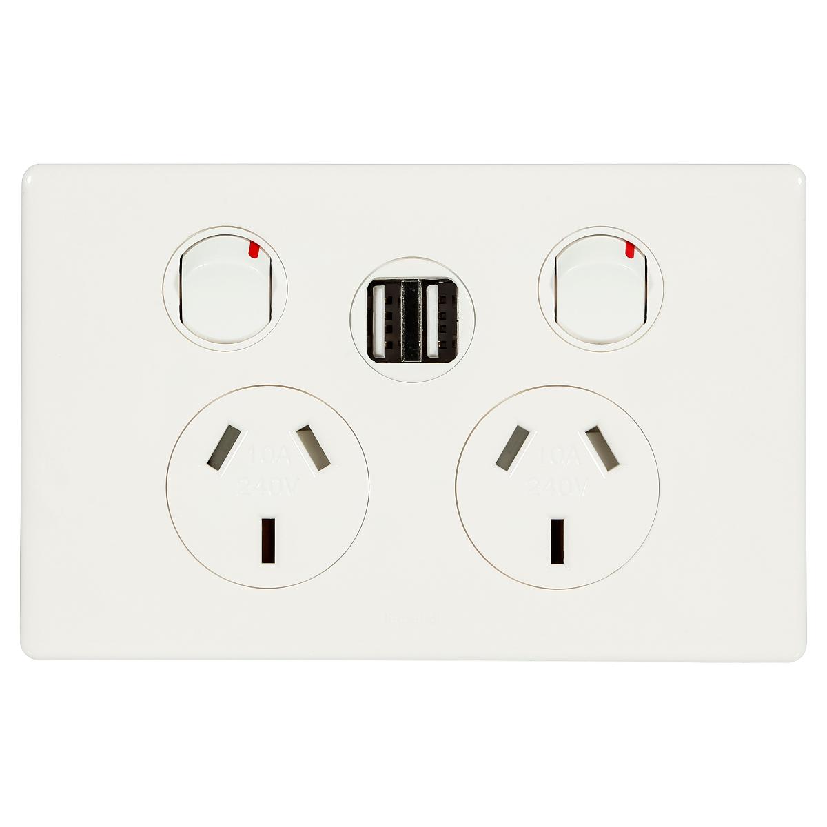 Legrand ED777USB2IWE Excel Life Dedicated Plate Series GPO, Double, Powerpoint, Switchplug Combination, With Integrated Dual USB Charging Outlets 2.4A Max, Single Pole, Flush, Horizontal, 240V 10A,... 1 Legrand ED777USB2IWE Excel Life Dedicated Plate Series GPO, Double, Powerpoint, Switchplug Combination, With Integrated Dual USB Charging Outlets 2.4A Max, Single Pole, Flush, Horizontal, 240V 10A,...